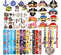 Lot de 98 petits cadeaux de fête de pirate pour enfants, kit de jouets d'anniversaire pour enfants, avec masques de pirate, bracelets, bracelets à boucle, porte-clés, tatouages lumineux pour fêtes