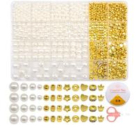 Lot de 986 perles pour bijoux, perles pour bracelets et colliers, 5 tailles de perles rondes et 8 types de perles d'espacement dorées, boîte de rangement avec fil en cristal et cutter
