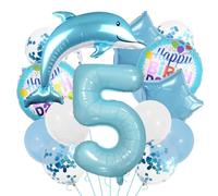 Lot de ballons bleus en forme de dauphin pour 5e anniversaire de garçon - Décoration d'anniversaire pour fille - 5 ans - XXL - Bleu ciel - Animaux de l'océan