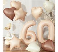 Lot de ballons en forme de chiffre 60 - Beige - Abricot - Pour femme - Crème neutre - Café nude - Ballons en forme de cœur à l'hélium marron - Pour 60 ans - Décoration d'anniversaire