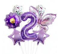 Lot de ballons gonflables pour 2ème anniversaire fille - Ballon violet numéro 2 avec papillon, fleur et étoiles - Ballons à confettis - Décoration de fête