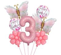 Lot de ballons gonflables pour 3ème anniversaire fille papillon rose Happy Birthday Décoration avec ballon chiffre 3 et fleurs