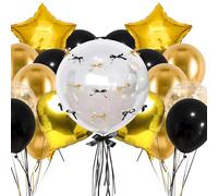 Lot de ballons noirs et dorés en forme de cœur et d'étoile en aluminium transparent pour décoration de fête d'anniversaire, de fiançailles, d'anniversaire de mariage (45,7 cm (noir doré)