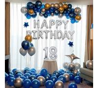 Lot de ballons pour anniversaire bleu or argenté, avec bannière Happy Birthday 16 pouces, ballons en latex 10 pouces, étoiles et décorations, kit complet pour fêtes (numéro35)