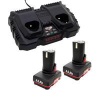 Lot de batteries d'origine 12 V - 2 batteries de 4 Ah + chargeur double PDSLG 12 - Compatible avec la série PARKSIDE X 12 V Team