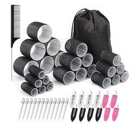 Lot de bigoudis sans chaleur - 4 tailles de bigoudis auto-agrippants, 24 clips, peigne et sac de rangement pour salon - comme volume de soufflage, noir
