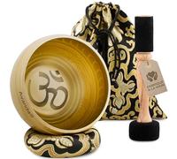 Lot de Bol Chantant Tibétain Om pour Yoga, Méditation et Détente - Bol Chantant Tibétain Peint à la Main Ø 10 cm, Double Maillet avec Feutre et Cuir, Coussin d'Anneau, Sac et Instructions