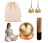 Lot de bols chantants tibétains - Bol de méditation martelé à la main - Diamètre 8,6 cm - En laiton - Avec maillet en bois, coussin et sac et 2 cloches en laiton - Pour yoga, méditation et relaxation
