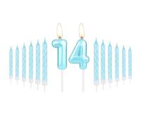 Lot de bougies bleues en forme de chiffre 14 avec bougies en spirale pour décoration de gâteau d'anniversaire de filles et de garçons, bougies bleu macaron pour filles et femmes