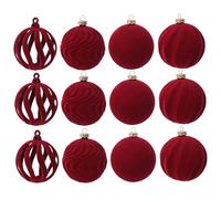 Lot de boules de Noël en velours floqué incassable pour sapin de Noël avec boucle pour la maison, les fêtes de fin d'année, rouge