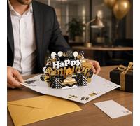 Lot de cartes d'anniversaire pop-up 3D avec carte de notes, noir et doré | Enveloppe incluse, insert d'écriture séparé, taille 15 x 20,1 cm, pour les collègues adultes et les amis, design élégant