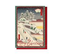 Lot de cartes de vœux de Noël japonaises avec enveloppes rouges (Hiroshige II : pins Edo dans la neige)