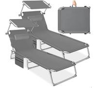 TecTake Chaises longues CHLOÉ Lot de 2 pliables avec pare-soleil, appui-tête et pochette - Gris