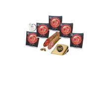 Lot de charcuterie ibérique : 5 sachets de jambon ibérique à l'appât coupé au couteau, demi morceaux de saucisson et saucisson iérique de gland et cadeau cale de fromage artisanal
