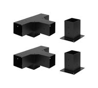 Lot de connecteurs de poteaux en bois - Supports d'angle 4 voies avec socle - En métal noir - Épaisseur : 2 mm - Pour poteaux de 9 x 9 cm - 2 supports d'angle et 2 socles - Construction de tonnelle