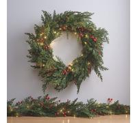 Lot de Couronne et Guirlande Pré-éclairées aux Baies Rouges