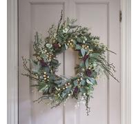 Lot de Couronne Pré-éclairée de 45 cm en Eucalyptus, avec Bougies de l'Avent TruGlow® et Porte-Bougie