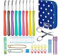 Lot de crochet ergonomique avec poignée rembourrée pour un confort ultime, crochetez plus longtemps sans vous faire mal Trousse à crochet avec 9 aiguilles et 22 accessoires pour rester organisé. Cadeau idéal pour les amateurs de crochet débutants et les plus expérimentés. 13x18x3 bleu