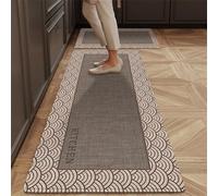 Lot de Cuisine à Bordure Vintage - Charbon/crème avec Bordure géométrique ou ondulée, Tapis antidérapant Anti-Fatigue à Poils Courts et Tapis(Khaki,50x180CM)