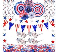Lot de décorations de fête patriotique du 4 juillet - Rouge et blanc - Bleu - Pour fans de papier - Serpentins américains - Fanions américains - Verres en plastique patriotiques pour 4 juillet