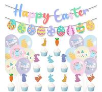 Lot de décorations de gâteau de Pâques - Ballons élégants - Bannières colorées - Texture pour Pâques créatives - Dessert - Fournitures de fête de Pâques