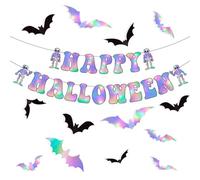 Lot de décorations d'Halloween, bannière Happy Halloween et 16 autocollants chauve-souris, décalcomanies murales de fête pour décoration de maison hantée