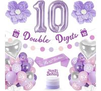 Lot de décorations pour 10e anniversaire de fille avec ballon en forme de chiffre 10, écharpe, décoration de gâteau, bannière, fleur violette