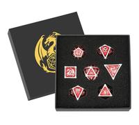 Lot de Dés en Métal DND, Motif de Dragon, 7 Dés Polyédriques en Métal, Accessoires pour Jeux de Rôle, RPG, Cadeaux D&D avec Boîte Cadeau, D20, D12, 2 D10 (00-90 et 0-9), D8, D6 et D4, Argent + Rouge