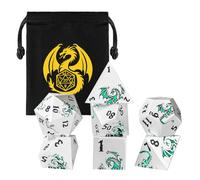 Lot de Dés en Métal DND, Vert Motif de Dragon Plat, 7 Dés Polyédriques en Métal, MTG, RPG, Accessoires de Jeu de Société, Cadeaux D&D avec Sac Cadeau, D4, D6, D8, 2 D10 (00-90 et 0-9), D12, D20, Blanc