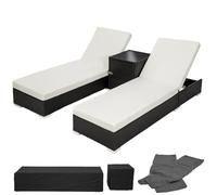Lot de Deux chaises Longue Bain de Soleil en résine tressé Poly rotin Noir + Table + Deux Set de Housses + Housse de Protection 08_0000505
