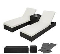 Lot De Deux Chaises Longue Bain De Soleil En Résine Tressé Poly Rotin Noir + Table + Deux Set De Housses + Housse De Protection Helloshop26 08_0000505 Multicolore
