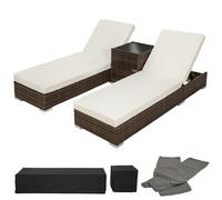Lot De Deux Chaises Longue Bain De Soleil En Résine Tressé Poly Rotin + Table + Deux Set De Housses + Housse De Protection Marron Helloshop26 08_0000504 Multicolore