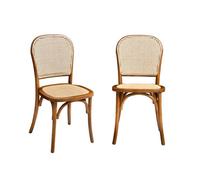Lot de deux chaises naturelles vintage en bois effet noyer avec assise et dossier en rotin