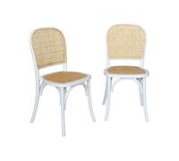 Lot de deux chaises vintage blanches en bois avec assise et dossier en rotin