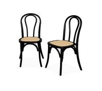 Lot de deux chaises vintage en bois avec assise en rotin et dossier arrondi coloris noir
