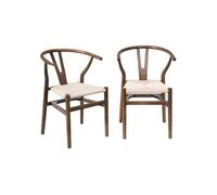 Lot de deux chaises vintage marron vieilli en bois d'hévéa avec assise en cordes et dossier arrondi