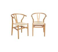 Lot de deux chaises vintage naturelles en bois d'hévéa avec assise en cordes et dossier arrondi