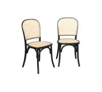 Lot de deux chaises vintage noires en bois avec assise et dossier en rotin