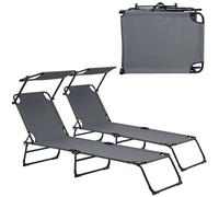 Lot De Deux Transats Pliable Avec Toiture Pare-Soleil De Relax Acier 190 Cm Gris Foncé Helloshop26 03_0004512 Multicolore