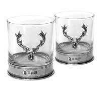 Lot de deux verres à whisky English Pewter Company - En verre - Avec motif en forme de tête de cerf - Base du verre et motif en étain - Référence STAG105