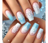 Lot de faux ongles à presser en forme de cercueil en forme de flocon de neige avec applicateur et pince à épiler - Bleu givré rose dégradé brillant manucure pour fêtes, Noël