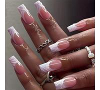 Lot de faux ongles carrés tendance avec bandes pour manucure - Prêt à l'emploi - Détails détaillés
