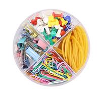 Lot de fournitures de bureau dans une boîte ronde 4 en 1 avec pinces colorés, élastiques en caoutchouc, trombones, punaises pour fournitures scolaires et de bureau, total de 205 pièces
