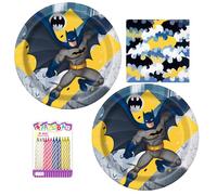 Lot de fournitures de fête Batman pour 16 invités - Comprend des assiettes de 22,9 cm, des serviettes de table et un ensemble de bougies d'anniversaire pour garçons