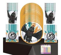 Lot de fournitures de fête « How to Train Your Dragon » pour 16 invités - Assiettes à dessert, serviettes, tasses et nappe de table de 17,8 cm, comprend des bougies d'anniversaire