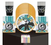 Lot de fournitures de fête « How To Train Your Dragon » pour 16 invités - Comprend des assiettes de 22,9 cm, des serviettes de table, des tasses, une nappe et des bougies d'anniversaire - Ensemble de