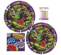 Lot de fournitures de fête Tortues Ninja pour 16 invités - Assiettes plates et serviettes de table de 22,9 cm - Comprend 2 décorations d'anniversaire TMNT