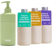 Lot De Gels Douche Naturels Rechargeables - Comprend Un Étui En Aluminium Vert Sauge Et Lot De 3 Recharges De Gel Douche Aux Parfums Différents - Coconut & Vanilla, Fresh Cotton & Amber & Oud