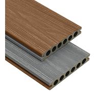Lot de lames de terrasse WPC avec accessoires marron gris 30 m², 4 m de long, matériau composite bois-plastique, structure en bois gaufré, hydrofuge, résistant, idéal pour terrasse, balcon, piscine