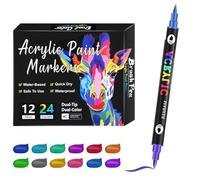 Lot de marqueurs acryliques double pointe - Marqueurs acryliques double face avec pointe pinceau et pointe fine - Crayons acryliques de qualité supérieure pour peindre des pierres, du verre, du bois